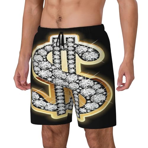 Gold Dollar Sign Print Mens Swim Trunks Quick Dry Board Shorts Mesh Lining, Breathable Beach Surf Shorts2
