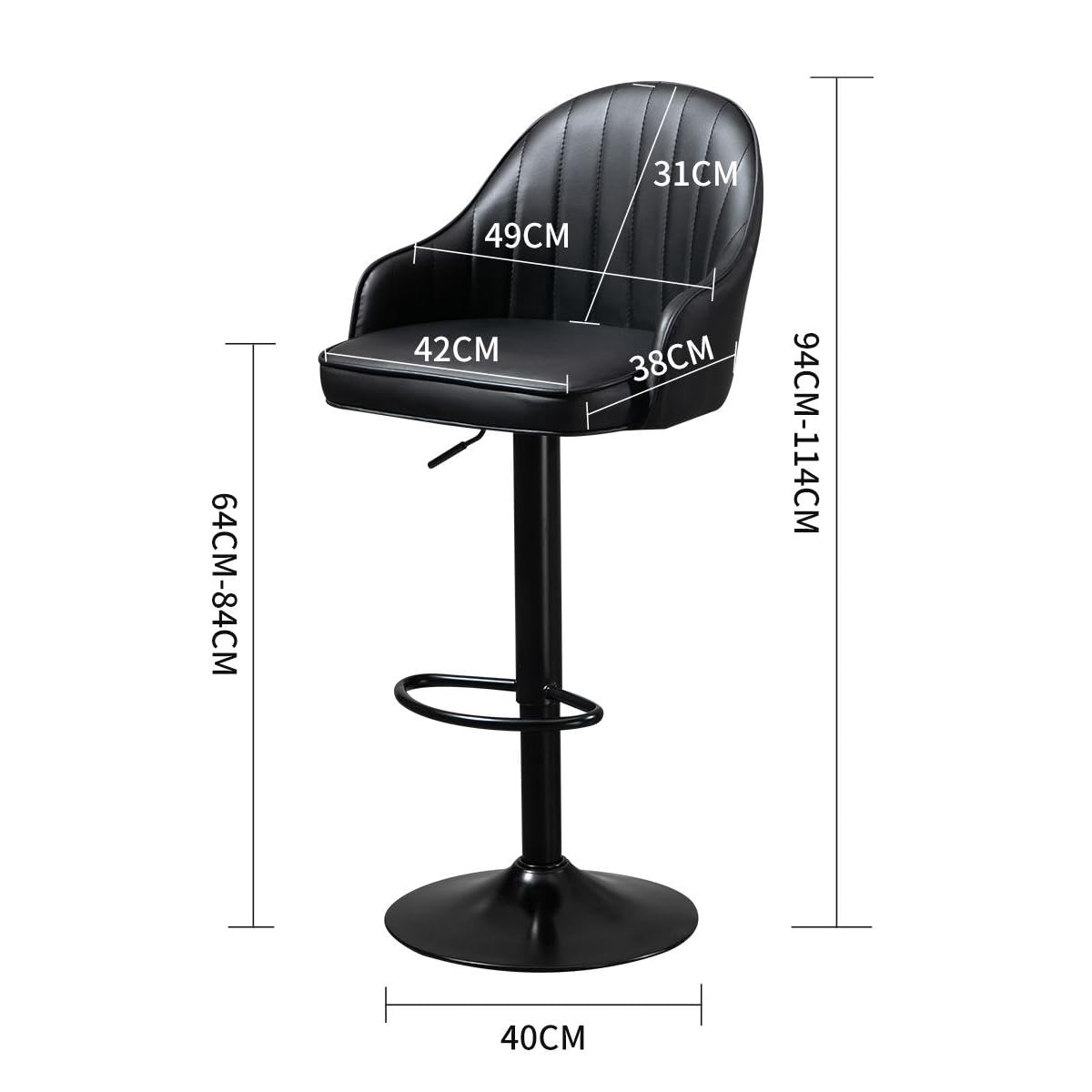 Sgabello da bar girevole, altezza regolabile con seduta e schienale imbottiti in pelle, per cucina, pub o caffetteria, da 64 a 84 cm