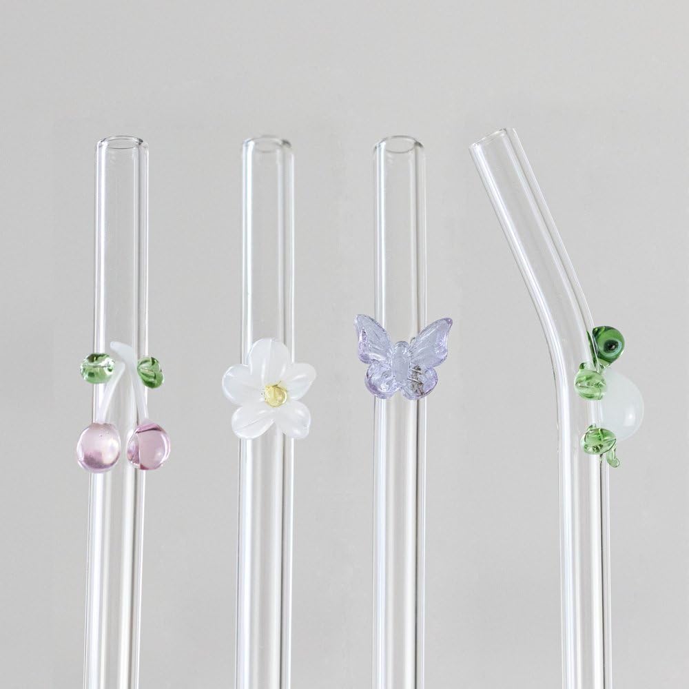 Glass Straw Set (6-Piece) with Turtle, Butterfly, Cherry, Flower - Eco-Friendly Reusable Drinking Straws, 20cm, Includes Curved & Straight Straws + 2 Cleaning Kits for Smoothies, Coffee, BPA Free