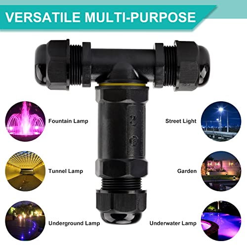 Kabelverbinder Wasserdicht IP68, Vegena Abzweigdose 5 Polig Verbindungsbox Verteilerdose Außen Kabelschuhe Erdkabel Verbindungsmuffe Kabelmuffe T-Form für Ø4-14 mm Kabeldurchmesser, 2er-Pack Schwarz