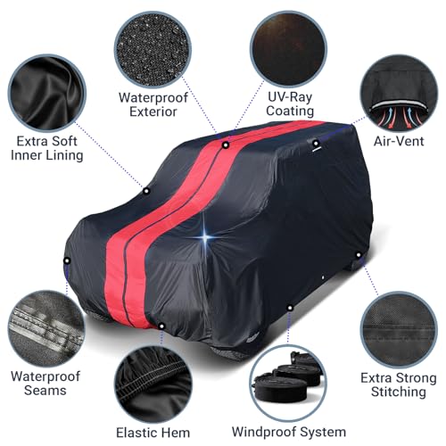 Image of iCarCover Custom SUV Cover for Suzuki Vitara (1999-2004) Waterproof All-Weather Rain Snow UV Sun Protector Full Exterior Indoor Outdoor Car Cover (Stripe - Black /Red)