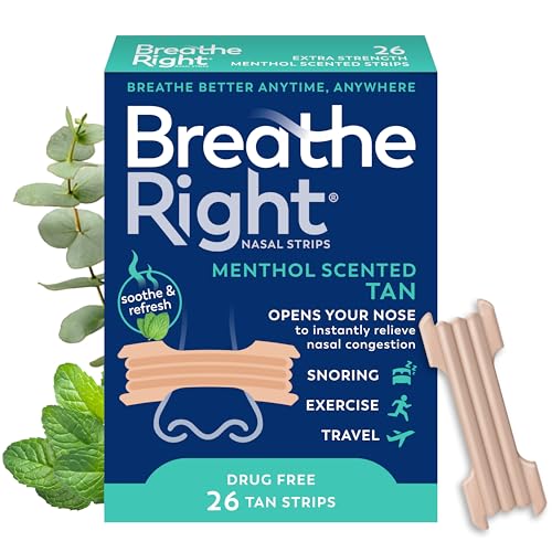 Breathe Right Extra Strength Nasal Strips, Menthol Scented, Drug Free, Less Snoring & Better Breathing from Nasal Congestion, Tan, 26 Count