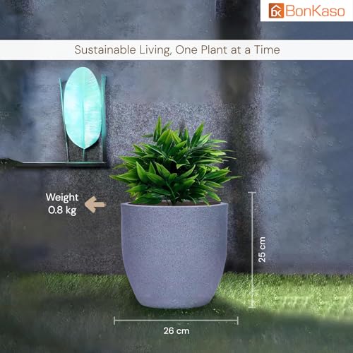 Image of BonKaso 8 Inch Jaguar Round Plant Pots | Highly Durable & Lightweight Polymer Planter for Indoor & Outdoor Use | Flower Pot (Gamla /Gamale) for Home, Office, Garden, Living Room & Balcony (Light Grey)