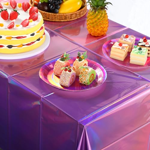 Image of 3 Pack Ombre Iridescent Pink and Purple Plastic Tablecloths, Shiny Disposable Laser Rectangle Table Covers Holographic Foil Tablecloth Iridescent Party Decoration Birthday Bridal Wedding, 54x108 Inch