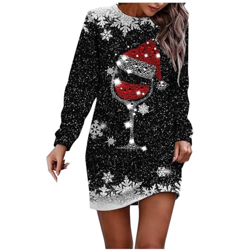 Generisch Kleid Weihnachten Damen Elegant Weihnachtskleid Langarm Lässig Weihnachts Pulloverkleid Druck Christmas Knielang Dress Vintage Partykleid...
