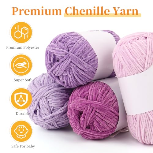 Image of Coopay Skinny Chenille Yarn for Crocheting and Knitting, 12 Pack of 50g /1.76oz-1764yd Total, Soft Velvet Yarn of Baby Weights - Suitable for Baby Blankets, Plush Toys - Super Soft (Purple Gradient)
