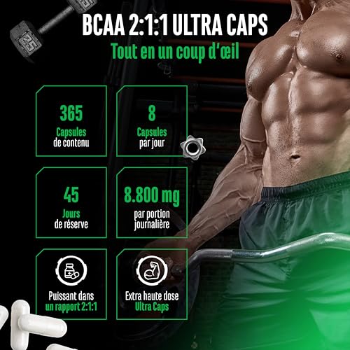 BCAA Ultra Caps - 365 gélules avec un dosage élevé de 1100 mg par gélule - Rapport optimal 2:1:1 - Leucine, L-Isoleucine, L-Valine - Acides aminés essentiels à chaîne ramifiée – Image 3
