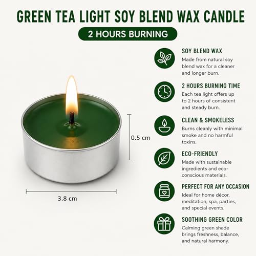 Image of Unscented Tea Light Candles | Soy Wax Blend Long-Lasting with Cotton Wick | Perfect for Home Decor, Parties, Weddings, and More | Set of 100 (Green)