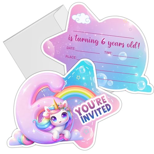 Edykiar 6th Birthday Invitations - Rainbow Invitation Cards with Envelopes - Glitter 6 Years Old Birthday Party Invitations For Girls Party Supplies Decorations Favors (5 x 7 Inch)