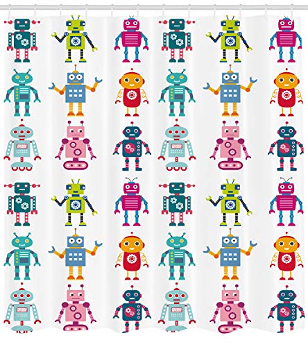 ABAKUHAUS Nursery Shower Curtain, Colorful Cartoon Style Robot Futuristic Funny Mascots Friendly Androids - Image 2