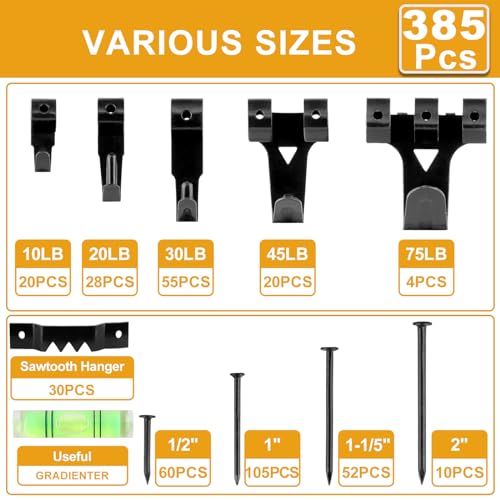 image for KURUI Picture Hangers, 385Pcs Picture Hanging Kit with Heavy Duty Pict