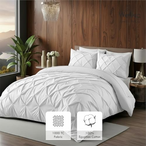 Image of Pinch Pleated Duvet Cover Set 1000TC 100% Cotton Premium 3-Pieces 1-Duvet Cover & 2-Pillow Cover Luxury Look Home and Hotel Zipper & 8-Tie Closure (White, Single 60 X 90 Inch)