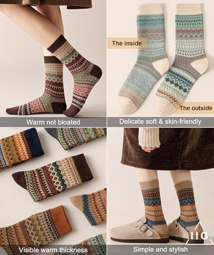 Image of IIG 3-5 Pairs Womens Vintage Cozy Crew Socks Soft Cute Neutral Cotton Socks Exquisite Patterns Socks Gift