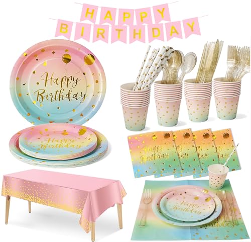162Pcs Rainbow Birthday Party Tableware Set,New Year Party Decoration Tableware Includes Plates,Cups,Napkins,Straws,Happy Birthday Banner,Tablecloth,Birthday Party Supplies Decorations for 20 Guests
