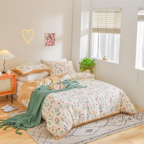 Capa de edredom floral, tamanho king, folha botânica, verde, flores amarelas, estampada, reversível,