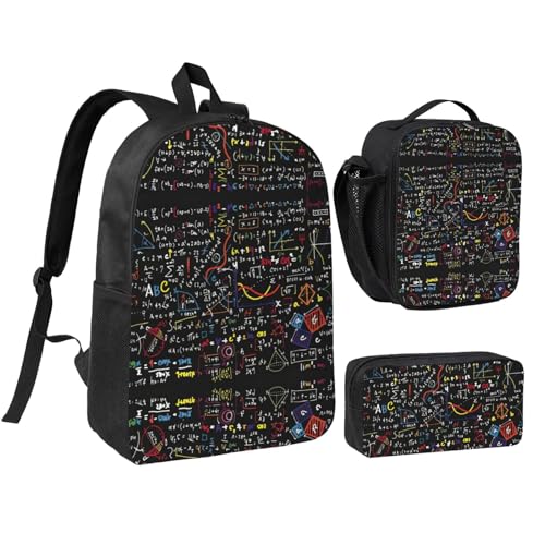 Mochila escolar de matemáticas 3 en 1 con fiambrera y estuche negro