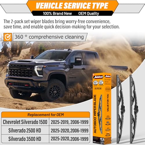 Image of AUTOBOO Windshield Wiper Blade Replacement for Chevy Silverado | Fits Silverado 1500 1999-2006 & 2019-2025, 2500 /3500 HD, 22 inch+22 inch, 2-pack, J /U hook, streak-free, quiet performance