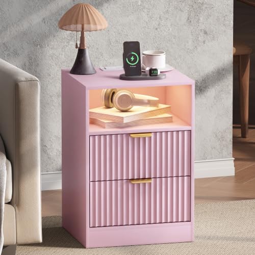 Image of Wodeer LED Nightstand with Charging Station, Fluted Nightstand Set of 2, Wood Nightstands with 2 Drawers & Metal Handles, Modern Bedside Table & End Tables, Farmhouse Night Stands for Bedroom, Pink