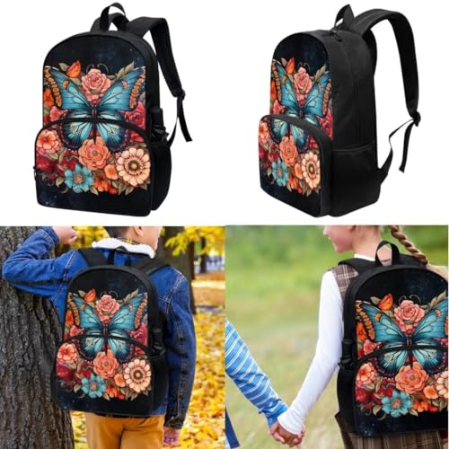 Pinupub Kids 3 In 1 Animals Backpack For Boys Girls 17 Inch Butterfly Flowers Print Elementary School Bag With Lunch Bag Pen Bag3