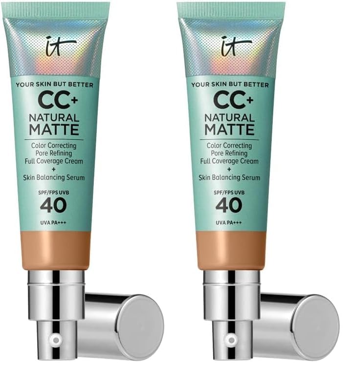 IT Cosmetics, Base de Maquillaje Matificante y Control de Brillo 16h, Minimiza Poros, Hidrata 24h, Your Skin But Better CC+ Natural Matte SPF 40, Tono Tan, 32 ml (Paquete de 2)