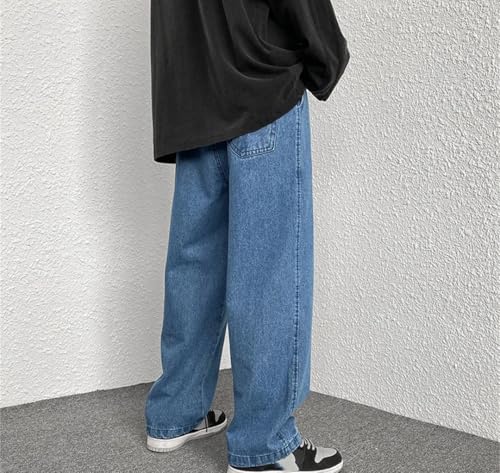 Hndudnff Men Wide-Leg Jeans Drawstring Elastic Waist Street Pants Casual Loose Straight Denim Trousers4