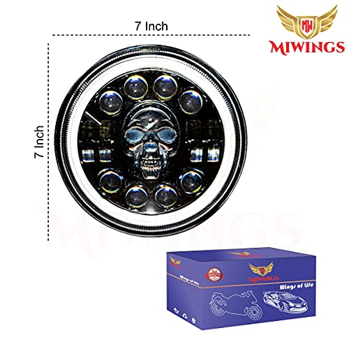 Image of Miwings Round LED Skull Style Hi /Low Beam 75W H4 Headlight Compatible with Royal Enfield, Jeep, Thar, Motorcycle, Cars, Harley Davidson, Amber & White, 7 inch