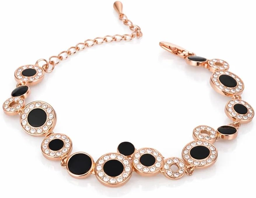 FAIRY COUPLE Black Enamel Bracelet for Women, 18K Rose Gold Plated Geometric Circle Link Bracelet with Pavé CZ, Professional Statement Jewelry, 14.8g Substantial Feel, Model B145