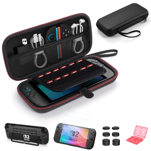 ByDiffer Tasche für Nintendo Switch 2 Zubehör Bundle Kit 14-in-1 mit 2 Schutzfolie, 1 PC Konsolen Schutzhülle, 6 Joystick Kappen, 1 Spielkartengehäus, 1 Schützende Tragetasche, Schwarz
