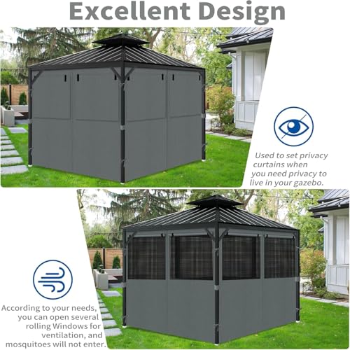 aonear Gazebo Privacy Curtains 10' x 12' with Mosquito Windows, 4-Panels Side Wall with Zipper Universal Replacement for Patio, Outdoor Canopy, Garden and Backyard, Gray (Curtain Only) - Image 3