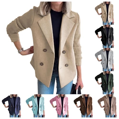 Womens Trench Coat Causal Lapel Double Breasted Blazer Jackets Winter Knitted Patchwork Sleeve Pea Coat
