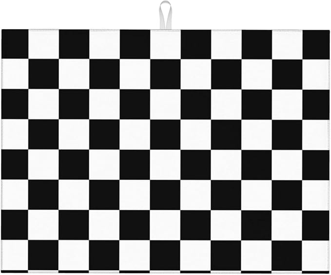 Black White Checkered Dish Drying Mat for Kitchen Counter, Coffee Bar Accessories, Retro Classic Plaid Pattern Absorbent Coffee Mat Kitchen Drying Mat Easy Clean 18" x 24"