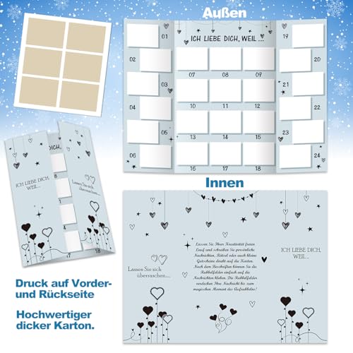 DPKOW Paare Adventskalender Rubbellos Karte, Ich liebe dich weil Selber Machen Rubbellos Adventskalender für Paar Pärchen Freundin Freund Liebe ADVENTSKALENDER Selber Befüllen PAAR