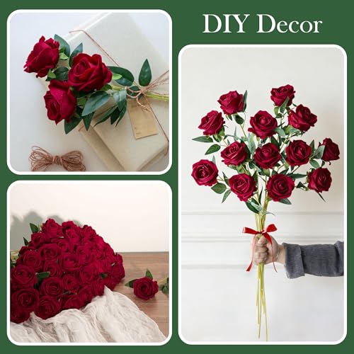 Image of INSPRING 50 PCS Burgundy Roses Artificial Flowers with Long Stems | Real Looking, Fake Roses, Silk Flowers, DIY Bouquet, Wedding Party Celebration Home Bridal Decoration Gift, for Her Wife