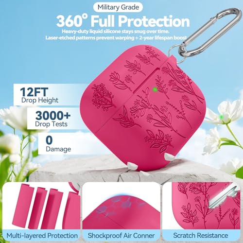 Image of for Airpods 4 Case, Ekoonpft Flower Engraved Cases for Apple AirPods 4th Generation 2024, Soft Silicone Cover for Women Girly with 3-in-1 Cleaning Kit & Keychain, Anti-Scratch, Shockproof, Garnet Red