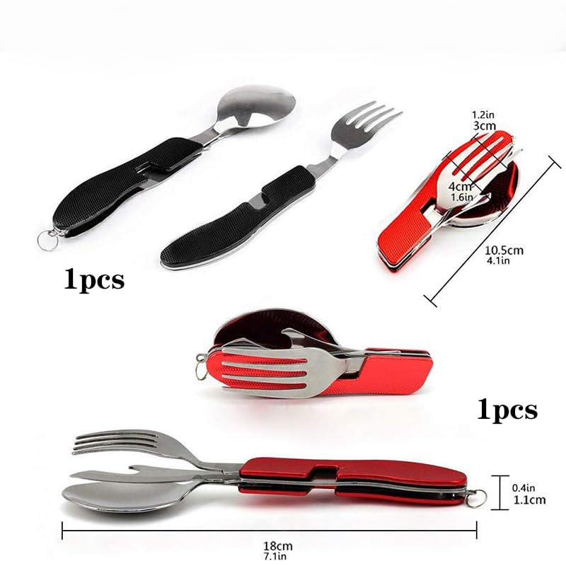 2 pcs 4-in-1 outdoor folding knife, fork, and spoon, portable folding tableware, storing stainless steel knife, fork, and spoon, outdoor multi-purpose tableware(1Red/1Black)