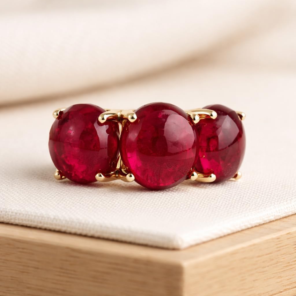 Three Stone Ruby Cabochon Ring in Solid Yellow Gold Bold Vintage Inspired Statement Band for Women July Birthstone Anniversary Promise Jewelry Gift for Wife