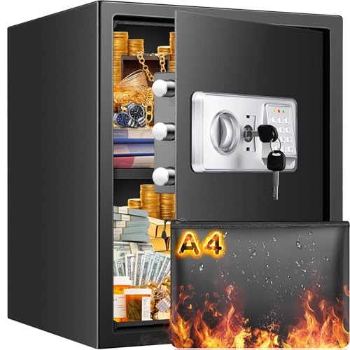 Mejasg Large Fireproof Safe for Home with A4 Fireproof Bag and Removable Shelf, 52L Anti-Theft Home Safe Box with Alarm and Silent Mode, Security Digital Fire Safes for Money Jewelry A4 Document
