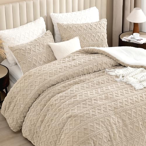 Image of Andency Fluffy Sherpa Queen Comforter Set, Super Soft Beige Fleece Warm Bedding for Winter, Luxury Jacquard Boho Thick Fuzzy Plush Bed Set 3 Pieces(1 Shaggy Comforter, 2 Pillowcases)