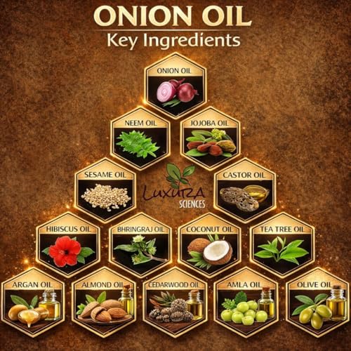 Image of Luxura Sciences Onion Hair Oil 250 ML with 14 Essential Oils, Multi-Purpose Hair Growth Oil /Serum For Complete Hair Treatment with Argan, Bhringraj, Hibiscus, Sesame,Amla,Sweet Almond, Olive and more.