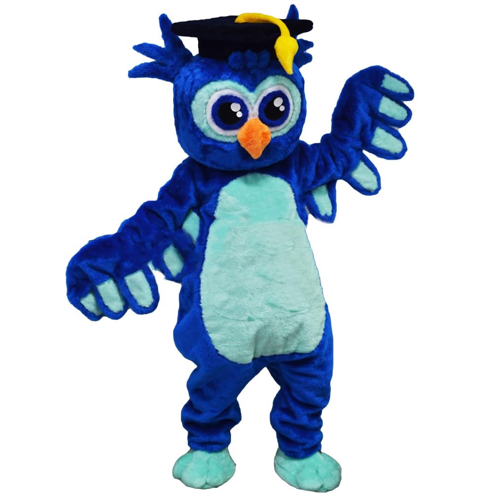 Blue Owl Mascot Costume with Graduation Cap for Adults Men Women with Built-in Fan Inside the Head