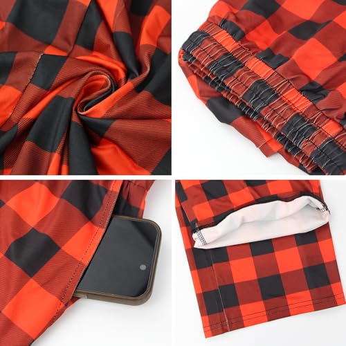 Calça de pijama feminina confortável, xadrez, casual, elástica, roupa de dormir com bolsos, Vermelho