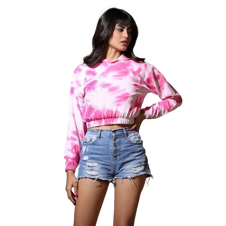 Image of Leriya Fashion Tops for Women | Stretchable Lycra Tie-Dye Print Hoodie Neck Short Western Tops for Girls | Hoodies with Loose Fit Ladies Top | Perfect for Casual | Travel
