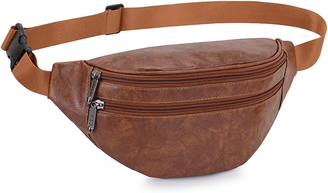 Leather Fanny Pack for Men and Women, Hip Bum Waist Bag for Hiking Running Travel, Multiple Pockets - Sturdy Zippers Waist Pack for Unisex, Brown, Small, Modern