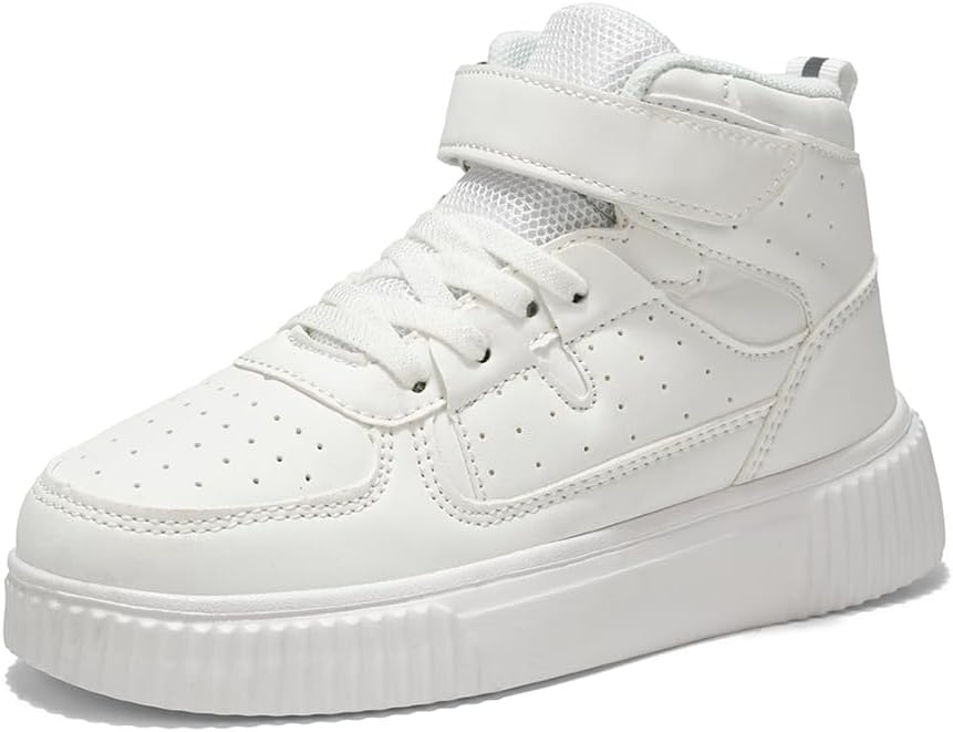 Kids High Top Sneakers for Boys Girls - Lightweight Breathable Casual Fashion Shoes with Adjustable Strap, Comfortable Black/White
