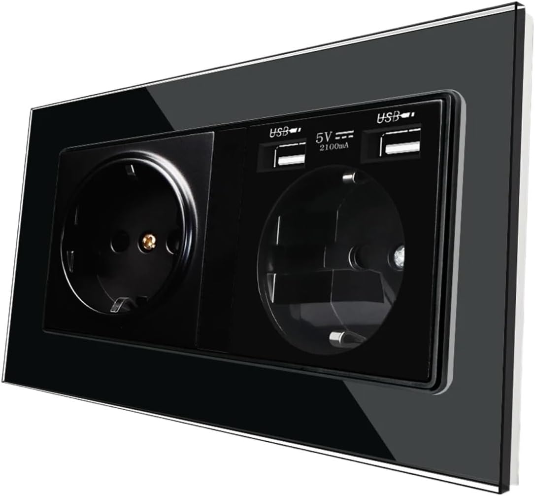 Tempered Glass Socket, EU Standard 146mm x 86mm Crystal Panel,2A Dual USB Charging Port, 16A Power Wall USB Socket(Black)