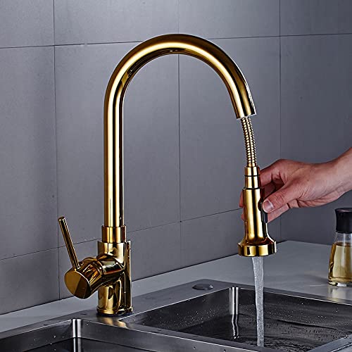 Mitigeur d'évier de cuisine doré extractible et orientable pour maison