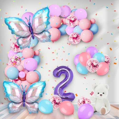 2 Jahre Set - Zahl Folienballon, Luftballon Schmetterling Lila 30 Stück 12 Zoll Pastell Lila Rosa Luftballon Zahlen-Ballon Zahl 2 Luftballon Für Dame Mädchen Geburtstags Festival Dekoration