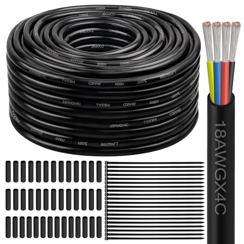 Image of 18 Gauge 4 Conductor Electrical Wire, 18 AWG Tinned Copper Stranded PVC Cable, Waterproof /Flexible /Low Voltage Extension Cord for Automotive, Marine, Solar, LED Lighting (100FT)