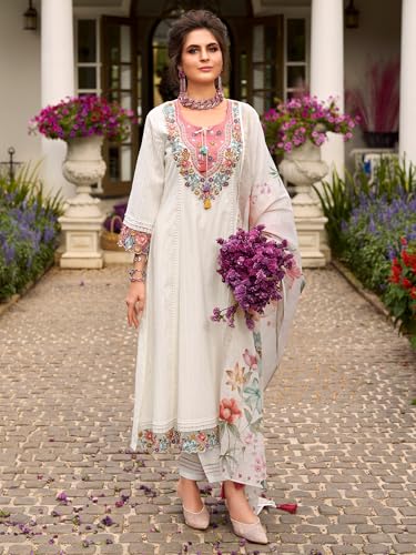 Image of INDO ERA Women's Anarkali Pure Cotton Floral Printed Embroidered Kurta & Pant with Dupatta Set (IEOUT10688)