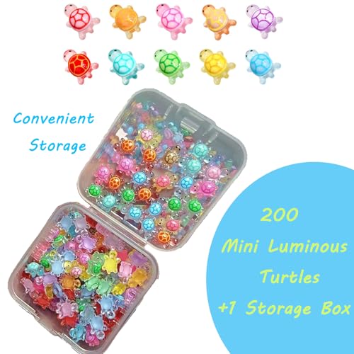 200 Stück Mini Schildkröten, Leuchtende Resin Figuren, Bunte Mini Turtles für Deko, DIY Micro Landschaft, Garten, Party, Puppenhaus, 11 * 7mm, Transparente Box